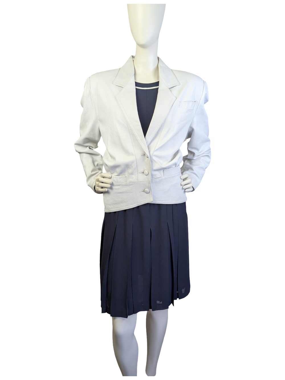 Vintage 90s Navy Pleated Dress Sheer Sleeves | Preppy Grunge Academia | Size 12 - Picture 3 of 10